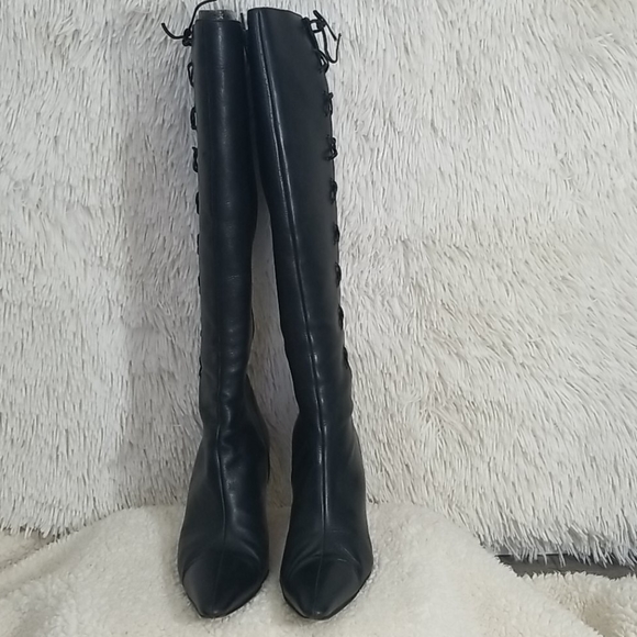 Manolos Blahnik leather knee high boots lace up - Picture 2 of 10